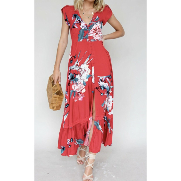 Jaase Dresses & Skirts - Jaase Red Floral Button Front Maxi Dress